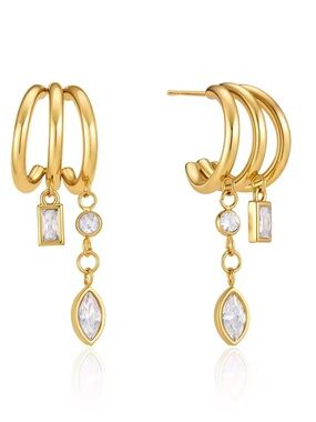 Gold-Tone Triple Hoop Drop Earrings with Cubic Zirconia Accents